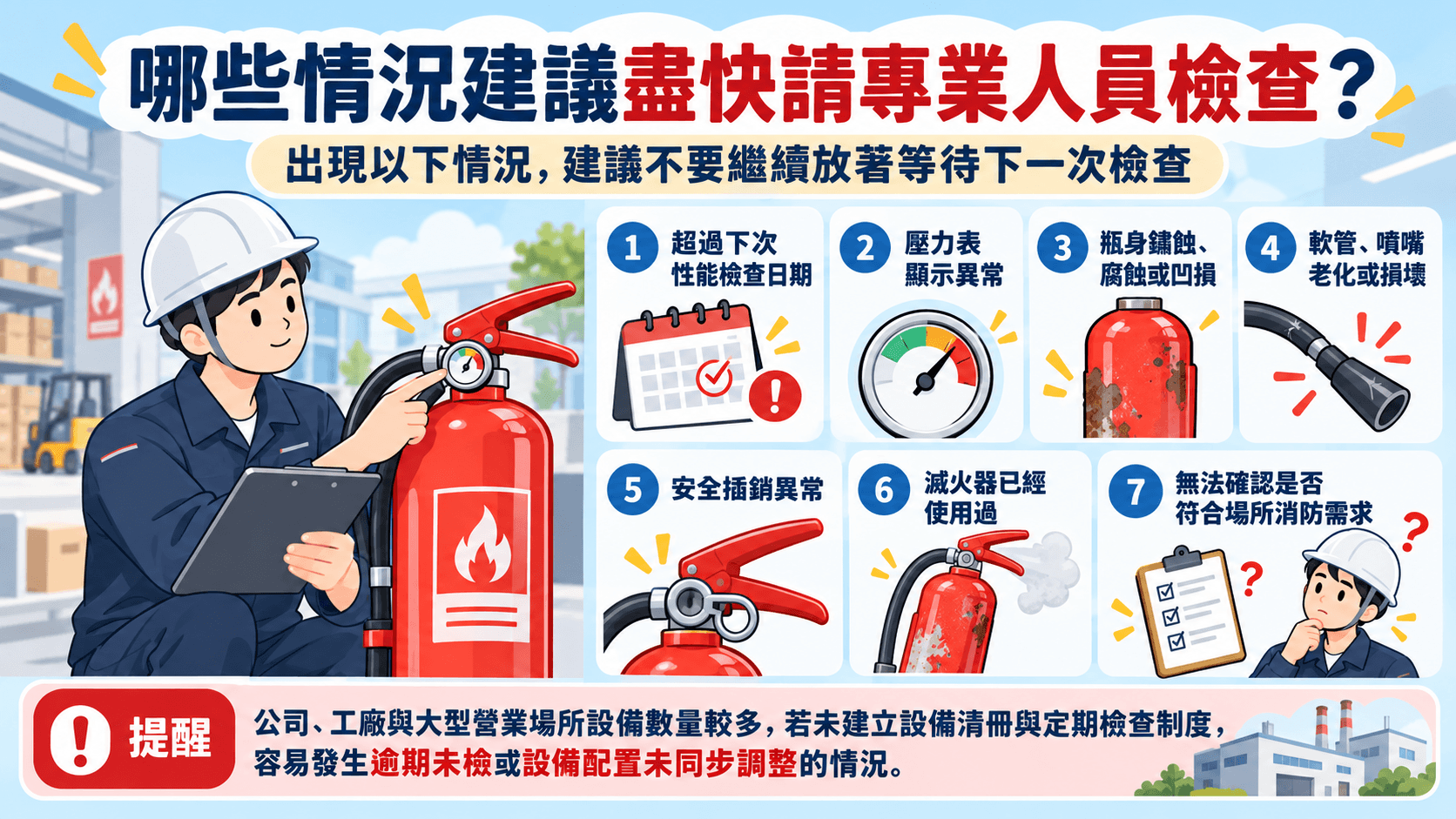 滅火器出現哪些情況建議盡快請專業人員檢查？