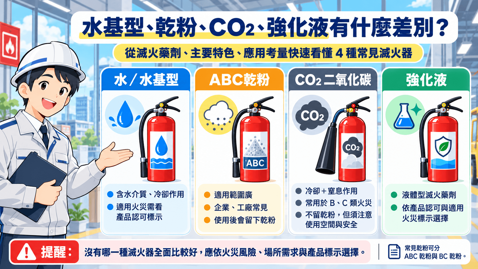 水基型、乾粉、CO2、強化液有什麼差別？